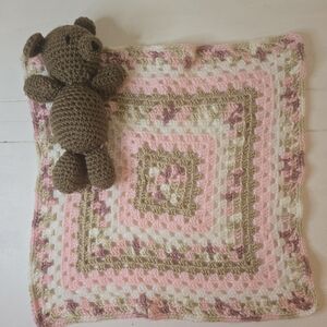 Hand Crochet Baby Luvie with crochet bear. Pink white brown